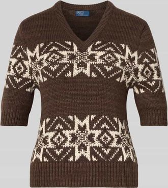 Polo Ralph Lauren Strickpullover mit gerippten Abschlüssen in Dunkelbraun Melange, Größe XXL