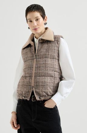 Brunello Cucinelli Twill and Prince of Wales reversible down vest with detchable leather collar and monili in Camel at Nordstrom, Size 42