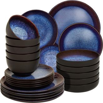 TecTake Vajilla de gres, para 6 personas, 24 piezas, azul/marr&oacute;n