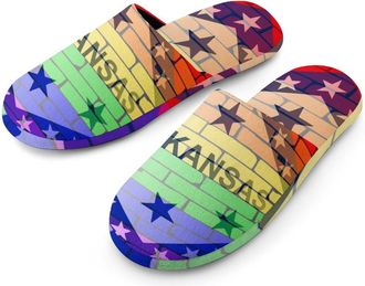 Generic LGBT Rainbow with Arkansas Flag Flannel Mens Slip-on Slippers Winter Warm House Shoes with Rubber Sole for Home Hotel