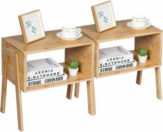 Costway Costway Juego De 2 Mesitas De Noche Apilables Mesa De Caf&eacute; De Bamb&uacute; Con Compartimento Abierto Para Sal&oacute;n Dormitorio