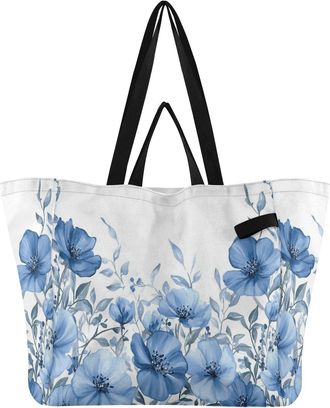 Generic Leaves Flower Blue print Reusable Canvas Tote Bag, Heavy Duty Grocery Shopping Bag with Double Handles Large Capacity Hard Bottom Work Groceries Trave