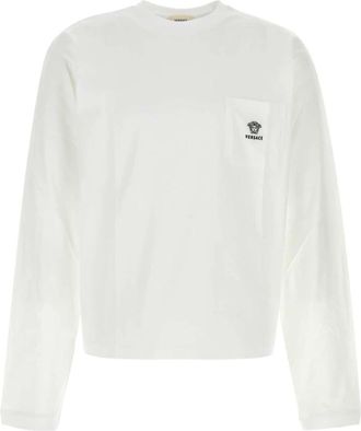 Versace Geborduurde katoenen jersey T-shirt - Heren - Longsleeves - Wit - XL - Katoen - Tops