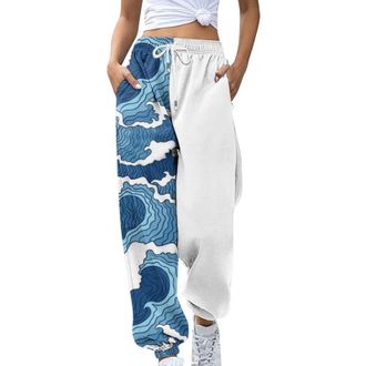 Generic High Waist Sporty Gym Athletic Fit Jogger Womens Loose Breathable Color Blocking Gradient Pants Ladies Summer Beach Palazzo Bohemian Trousers Fashion 