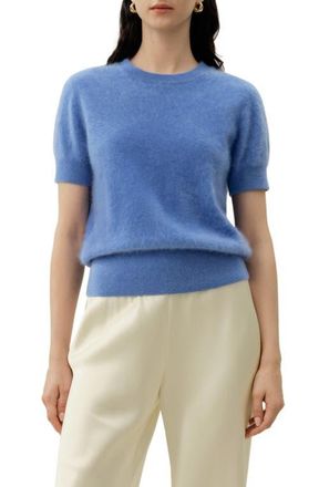 LilySilk Brushed Cashmere Short-Sleeve Sweater in Ocean Blue at Nordstrom, Size X-Small