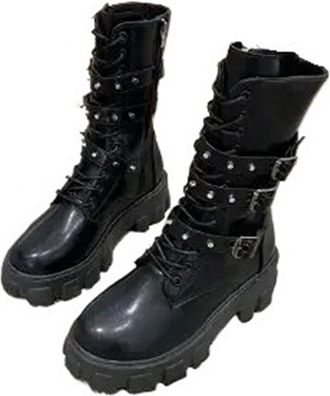 Generic Punk Style Thick Bottom Ankle Boots Womens Large Size Knight Boots Cross-Border Long Boots Round Toe Rubber Outsole(Black,7.5 UK)