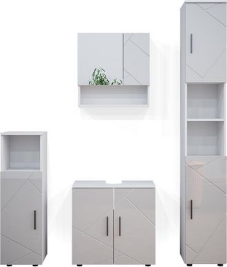 Vicco Conjunto De Muebles De Ba&ntilde;o Irma, Blanco Alto Brillo, 4 Partes, Con Armario Alto