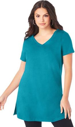 Roaman's Plus Size Ultimate Cotton V-Neck Short Sleeve Tunic in Deep Turquoise at Nordstrom, Size Medium