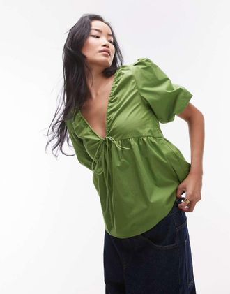 Topshop poplin puff sleeve top in green
