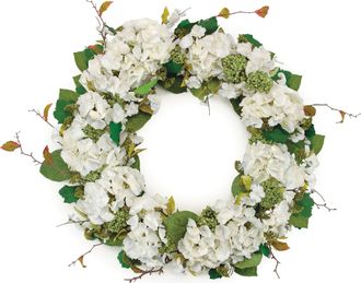 Melrose International Hydrangea and Seedum Floral Wreath 32D - White, Green