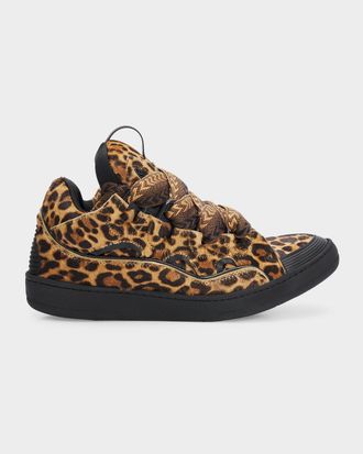 Lanvin Men & apos;s Curb Leopard-Printed Pony Leather Sneakers