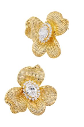 Savvy Cie Jewels 14K GOLD PLATED OVER BRASS MATTE FLOWER SPARKLY CENTER EARRINGS