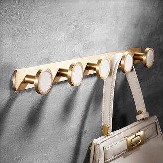 OEM Gancho De Pared De Lat&oacute;n - 5 Ganchos - Oro Cepillado - Cocina/ba&ntilde;o - Concha Blanca