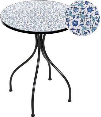 Beliani Mesa De Balc&oacute;n Exterior De Metal Estilo Vintage 60 Cm Tablero De Cer&aacute;mica Motivo Floral Estructura Hierro Negro Chapeco
