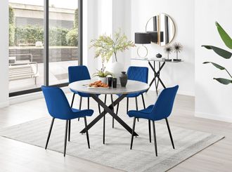 Furniturebox Novara Grey Concrete Effect Black Leg 120cm Round Dining Table & 4 Pesaro Black Leg Chairs in Navy