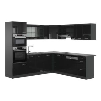 Vicco Cocina Esquinera R-line, Negro/antracita De Alto Brillo, 237 X 247 Cm, Et Antracita