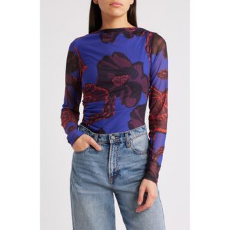 Cleobella Remy Floral Print Ruched Mesh Top in La Rouge Print at Nordstrom, Size X-Large