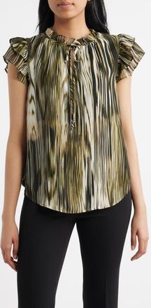 Anne Klein Ruffle Sleeve Tie Neck Top in Bay Leaf Multi at Nordstrom, Size X-Large