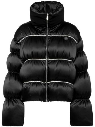 Philipp Plein crystal-embellished down jacket - women - Polyester/Goose Down/Goose Feather/Polyester/Glass Fiber - L - Black