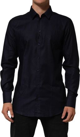 Dolce & Gabbana Blue Cotton Collared Long Sleeve Gold Men Dress Shirt