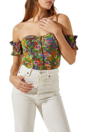 ASTR the Label Print Off the Shoulder Corset Top in Green Multi Floral at Nordstrom, Size Small