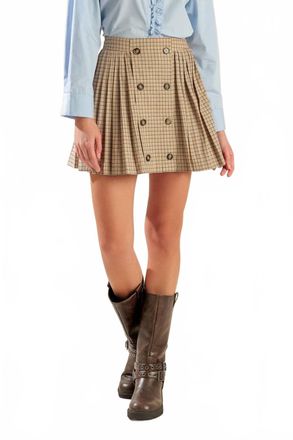 Flying Tomato Woven Plaid Pleated Skirt In Light Brown