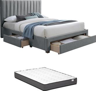 Vente-Unique Cama con 3 cajones 160 x 200 cm - Tela - Gris + Colch&oacute;n - LIAKO
