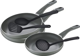 San Ignacio Juego De Sartenes (20,24 Y 28 Cm) San Ignacio Trebol De Aluminio Prensado Y Set De Utensilios De Cocina En Nylon
