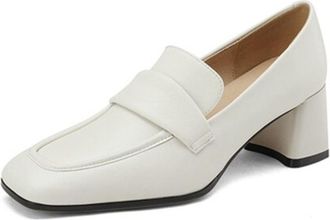 Generic Womens Faux Leather Loafers Square Toe Dress Pumps Mid Chunky Heels Slip On Lightweight Padded Insole Non Slip Durable,White,4.5 UK