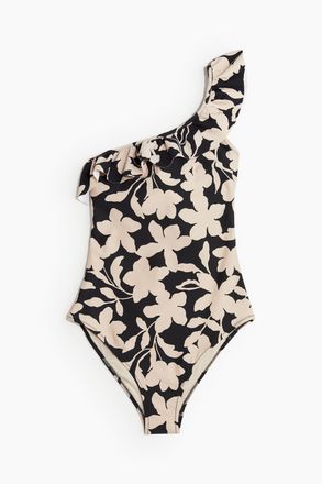 H&M One-Shoulder-Badeanzug mit wattierten Cups - Schwarz/Beige Gemustert