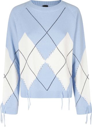 Pinko Light Blue Argyle Distressed Wool-Cashmere Sweater