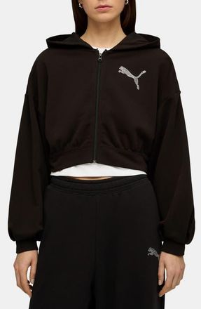Puma Essentials Bedazzled Rhinestone Embellished Cropped Graphic Hoodie in Puma Black at Nordstrom, Size X-Large