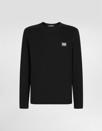 Dolce & Gabbana Long-sleeved T-shirt With Logo Tag - Man T-shirts And Polos Black Cotton 44