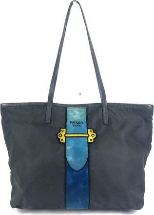 Prada Black Blue Leather Nylon Shoulder Bag Tote Bag (Pre-Owned)