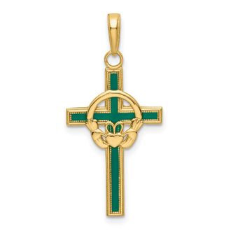 Diamond2Deal 14k Yellow Gold Green Enameled Claddagh Cross Pendant