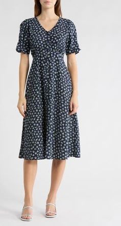 Melrose and Market Short Sleeve Button Front Dress in Navy- Blue Elise Floral at Nordstrom Rack, Size Xx-Small