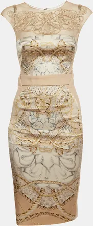Zuhair Murad Beige Baroque Print Satin And Crepe Knee Length Dress