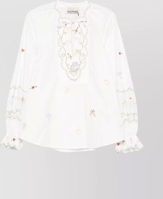 Alemais puff sleeve embroidered blouse with tie neck