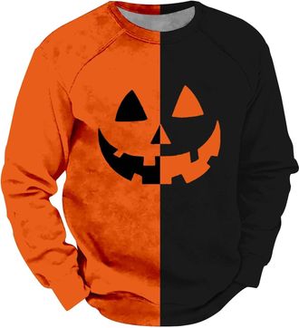 Generic Men Halloween Sweatshirt | 3D Printed Halloween Pullover Sweatshirt | Crew Neck Long Sleeve Hoodless Sweatshirt | Patchwork Pumpkin Printed Sweatshirt