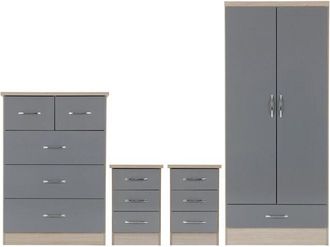 Seconique Seconique - Nevada 2 Door 1 Drawer Wardrobe Bedroom Set - Grey Gloss/Light Oak Effect Veneer