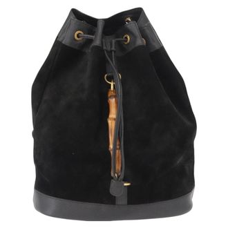 Gucci Vintage Bamboo Drawstring Backpack Suede And Leather Black Suede Backpack Bag (Pre-Owned)