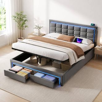 Merax Grey Velvet Hydraulic Storage Bed with LED & Drawers | Size: Double