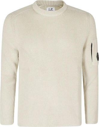 C.P. Company C.p. Company - Full Rib Cotton Crewneck Lens Sweater - Heren - Truien - Beige - Maat: L Katoen