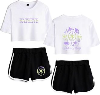 Generic Katseye Merch Soft is Strong Katseye Touch Tops Women Midriff-Baring Fitted Crop Sets Gym Shirt Short Pants (4,XS)