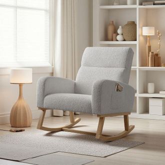 OEM Sill&oacute;n Mecedora Escandinavo De 1 Plaza De Terciopelo Teddy Gris Claro Con Almacenamiento, Patas De Madera Maciza
