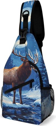 Generic Moose Moon Snowy Day Mens Shoulder Bags Sling Crossbody Backpack Travel Hiking Chest Bag with Small Side 38x20cm