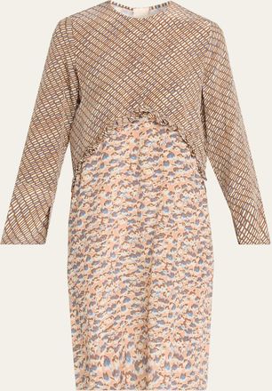 Marni Mixed-Print Silk Long-Sleeve Empire Shift Dress