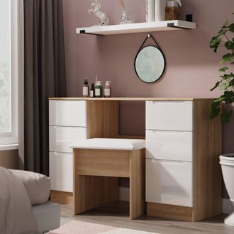 Lewis's Milan Double Pedestal Desk in White Gloss & Bardolino Oak - Ready Assembled - Lewiss Home | TJ Hughes