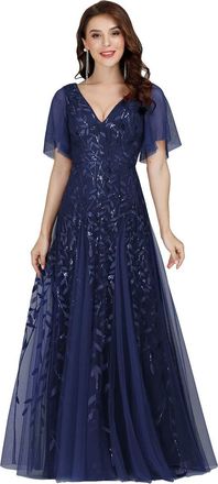 Ever-pretty Womens V Neck A Line Empire Waist Embroidery Sequin Tulle Ball Evening Gowns Dresses Navy Blue 16UK