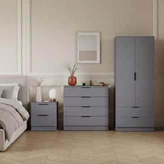 Home Discount Trega 3pc Bedroom Furniture Set - 2 Drawer Bedside, 4 Drawer Chest & 2 Door Wardrobe, Grey